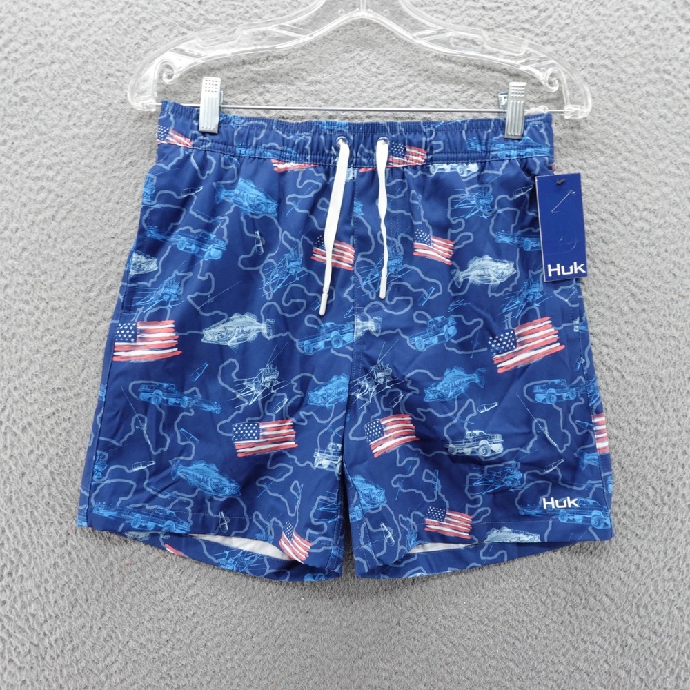 Huk Kids Pursuit Volley Swim Shorts Blue Fish and Flags Youth Boys XL NEW